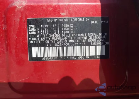 2018 Subaru Legacy 2.5I Premium из США, поврежденный, VIN 4S3BNAC67J3027115